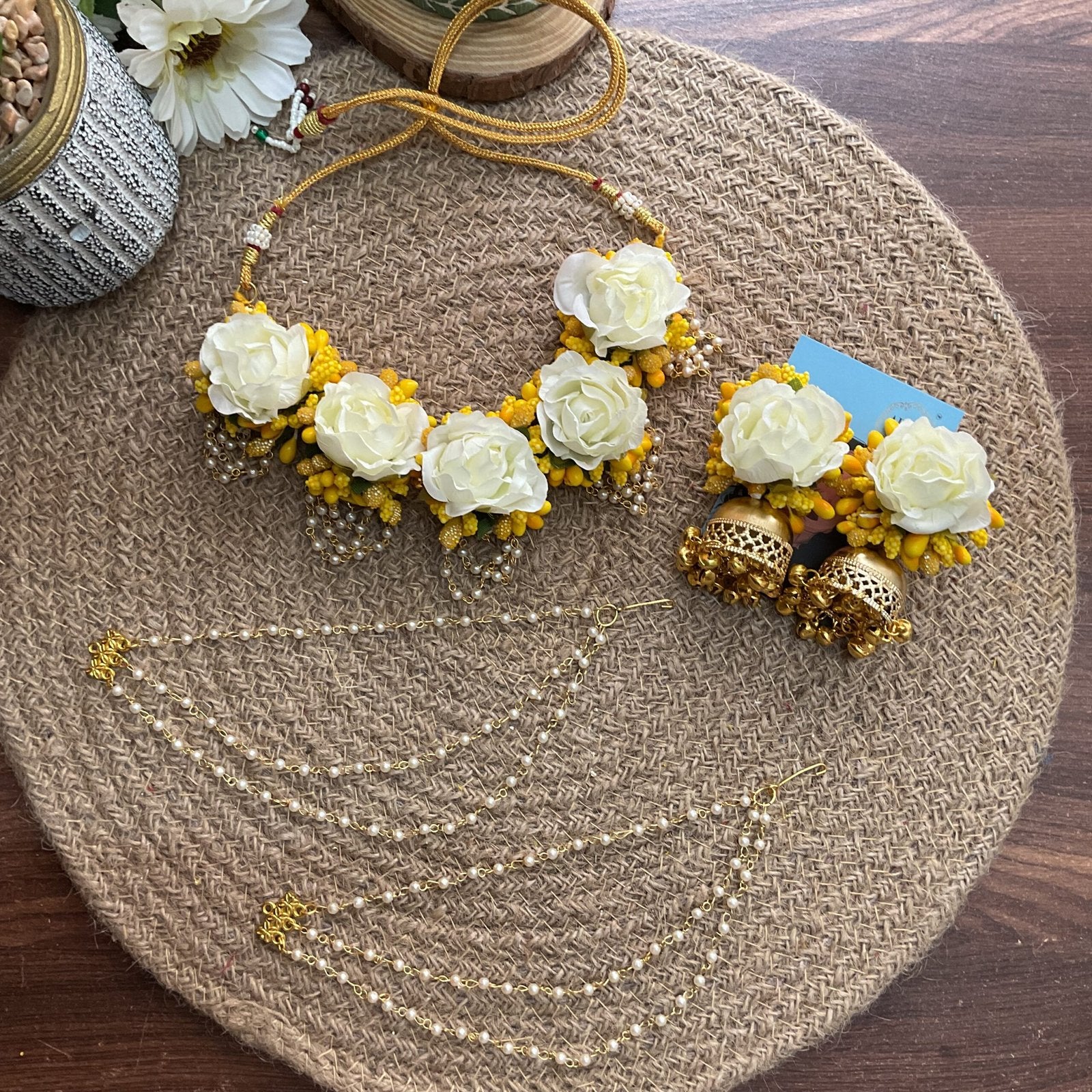 Flower jewellery set for Haldi Mehndi – Aksha Handmade Jewelry